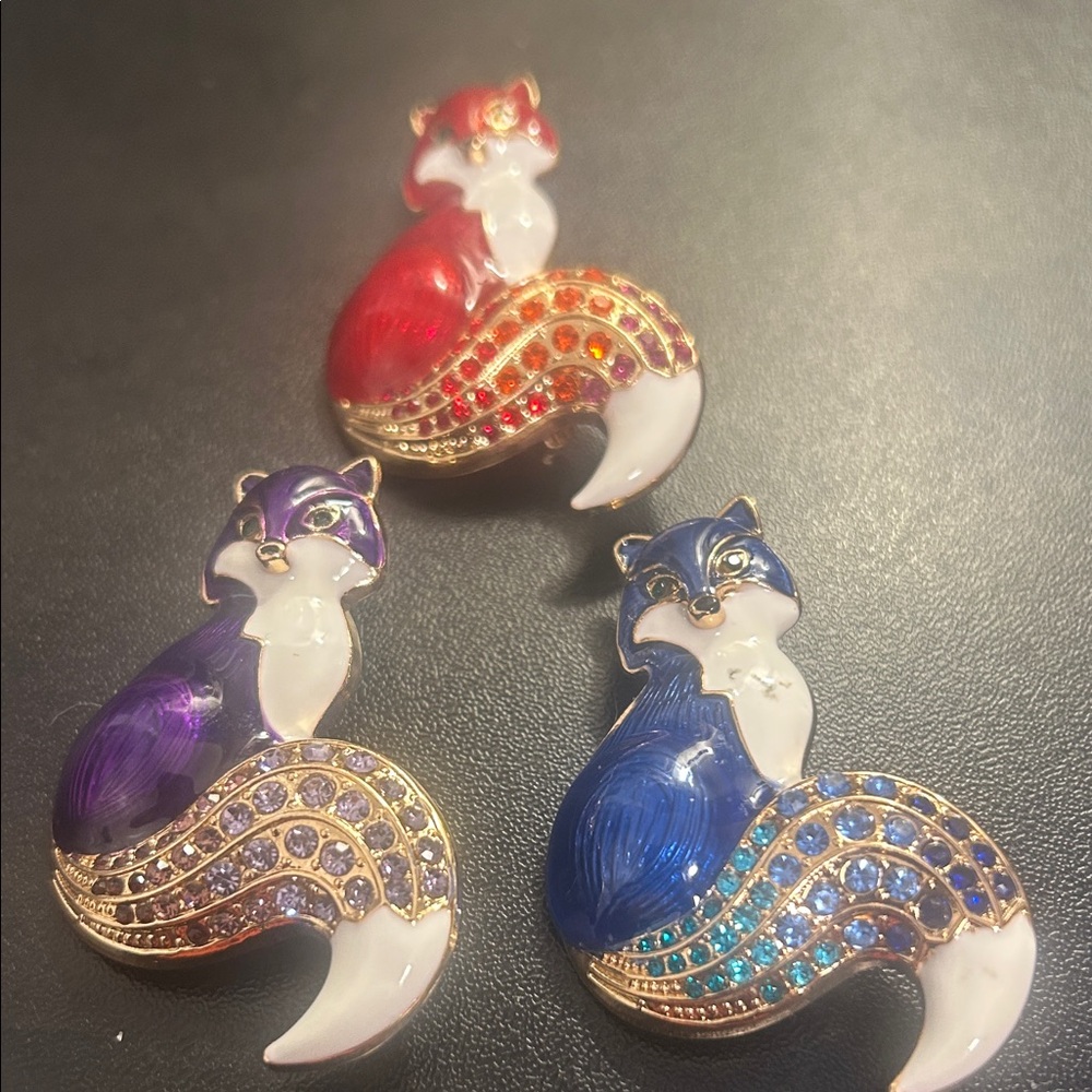 Elegant Fox Brooch Set - Red, Purple, Blue